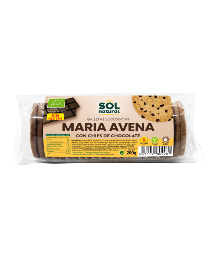 SOL NATURAL Galletas María Avena Choco Sin Gluten 200 grs.